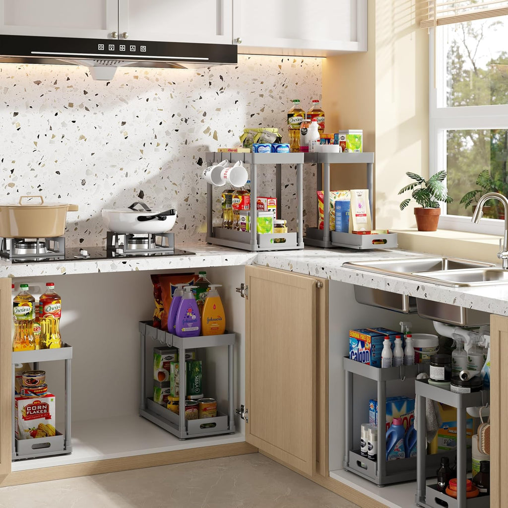 2PC Under Sink Organizer Rack 2 Tier Under Sliding Cabinet Basket Organizer Drawer with 4 Hooks, Multi-purpose Under Sink Storage for Bathroom Kitchen Desktop（Grey）