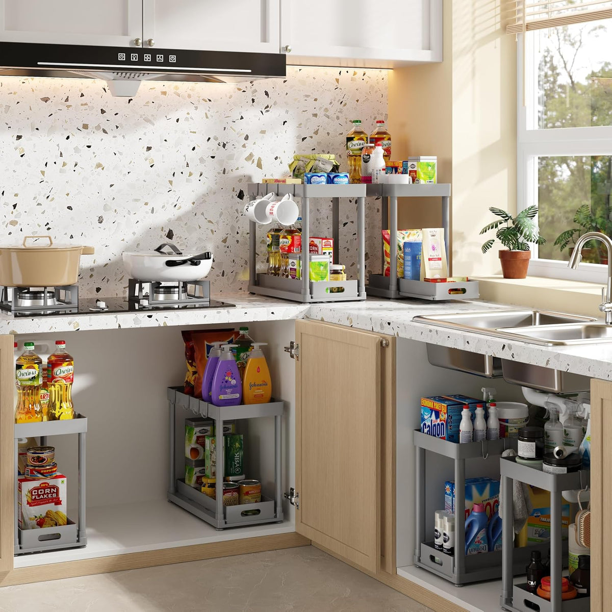 2PC Under Sink Organizer Rack 2 Tier Under Sliding Cabinet Basket Organizer Drawer with 4 Hooks, Multi-purpose Under Sink Storage for Bathroom Kitchen Desktop（Grey）