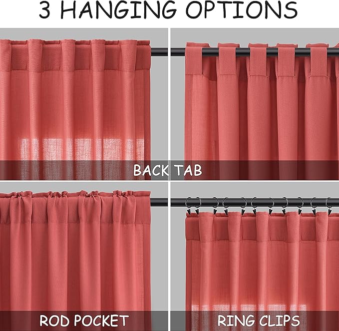 Nanspring Watermelon Red Linen Curtains 102 Inches Long 2 Panels, Back Tab Rod - Image 3