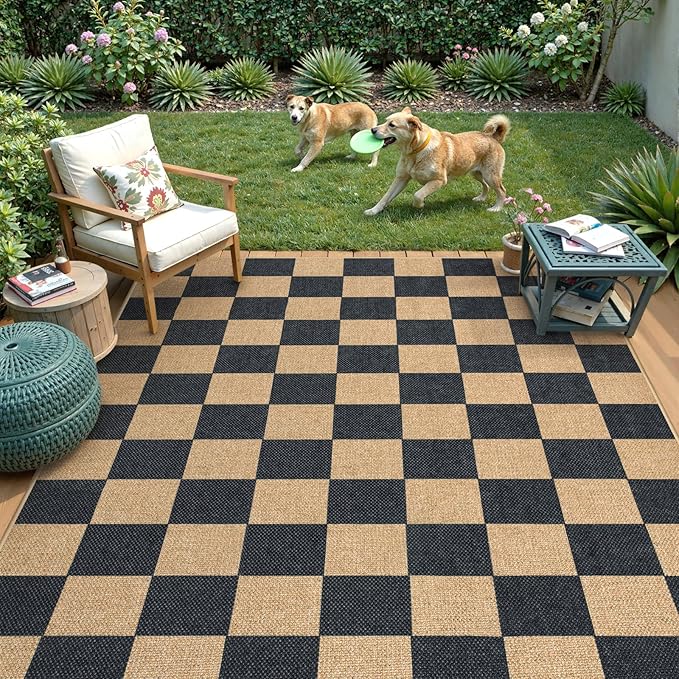 Lahome Checkered Easy Jute Area Rug, 5x7 Outdoor Patio Rug Washable Carpet - Image 2
