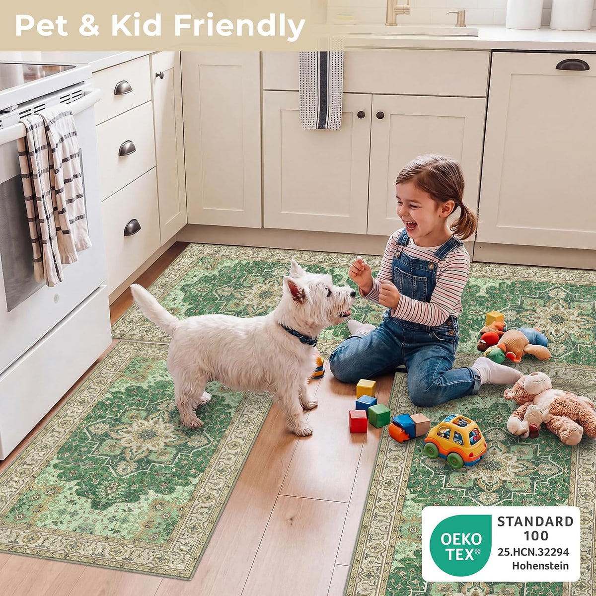 3 Piece Kitchen Rugs Sets with Runner, Washable Non Slip Soft Boho Kitchen Mats, Low Pile Stain Resistant Carpet for Hallway, Laundry Room, Entryway, Home Decor(20"x32"+20"x48"+20"x59", Green Beige)