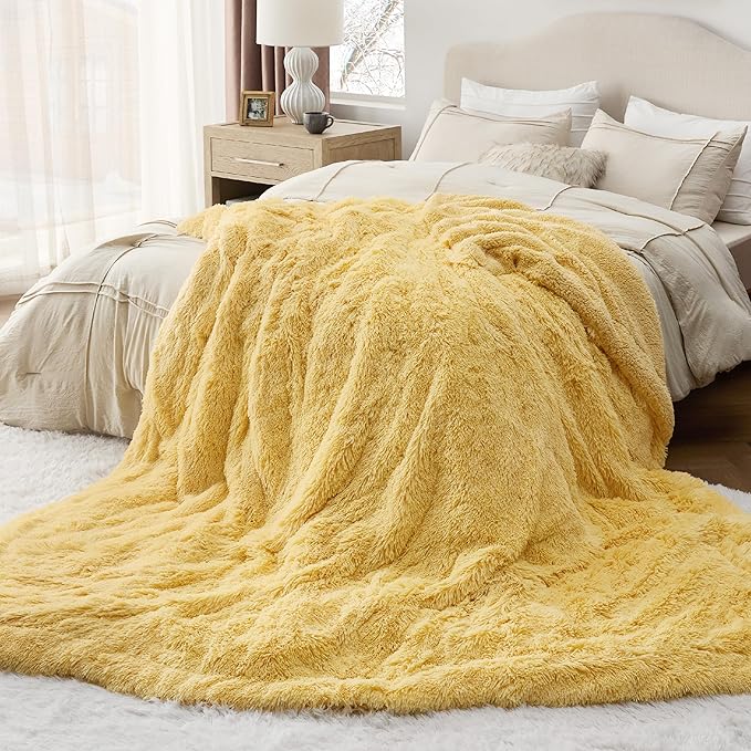 Bedsure GentleSoft Fluffy Yellow King Size Blanket - Image 6