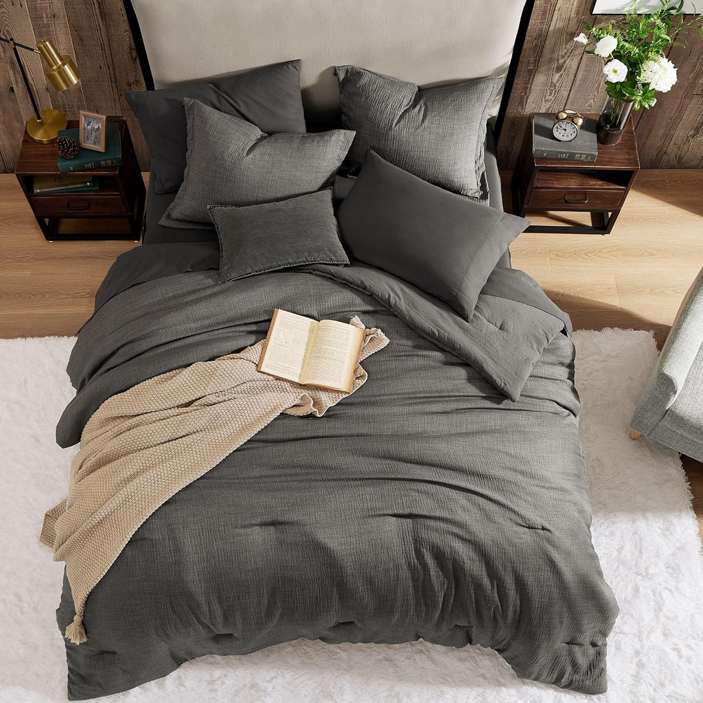 King Size Comforter Set- 7 Piece Gray King Bedding Set Solid Bed in a Bag