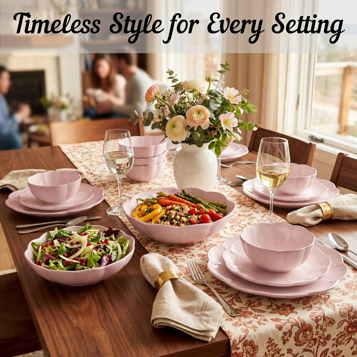 Sango 12 Pieces Scalloped Dinnerware Set, Modern Pink Dishes for 4, Premium Serving Plates & Bowls Sets, Chip Resistant, Blush Ceramic Dishware, Kitchen Dish, Microwave & Dishwasher Safe, Bethany