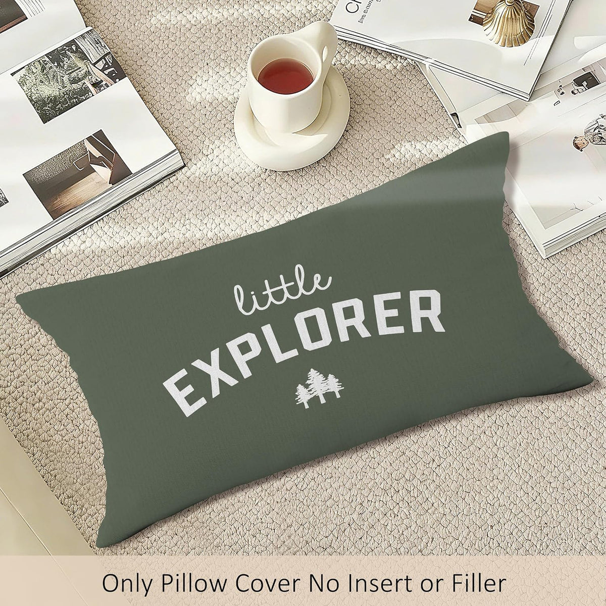 Little Explorer Throw Pillow Covers, Olive Green Themed Square Adventure Pillow Case Cover for Couch, Woodland Nursery Cushion Cover Case for Kids Room Nursery Toddler Dorm Bedroom, 12x20