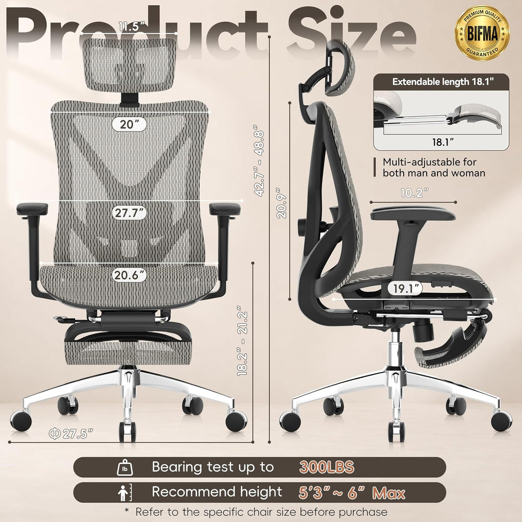 GABRYLLY Ergonomic Office Chair with Adjustable Lumbar Support, 3D Armrests & Headrest, 135° Reclining Chair with Footrest & Large Steel Base,300LBS Swivel Desk Chair(GYMN01-AM)