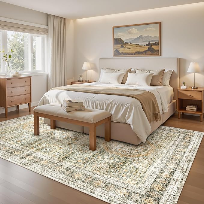 5x7 Area Rugs Green Orange Low Pile Indoor Washable Trendy Faded Style Rugs - Image 4