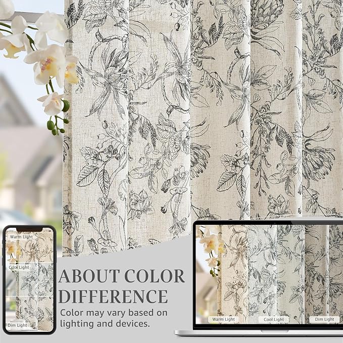 jinchan Floral Curtains 108 Inch Length Black Flower Linen Farmhouse Curtain - Image 4