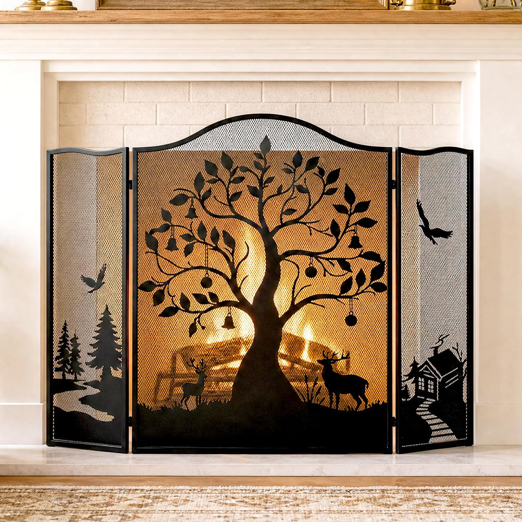 50" x 36" 3-Panel Fireplace Screen, Tree Pattern Fire Guard, Rustic