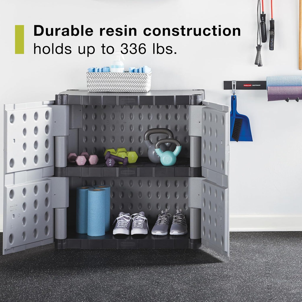 Rubbermaid Freestanding Storage Cabinet with Doors, 18" D x 36" W x 37" H, Medium, Gray/Black, Two-Shelf Lockable Cabinet for Indoor/Outdoor/Garage Storage for Garden Tools/Lawn Care Accessories