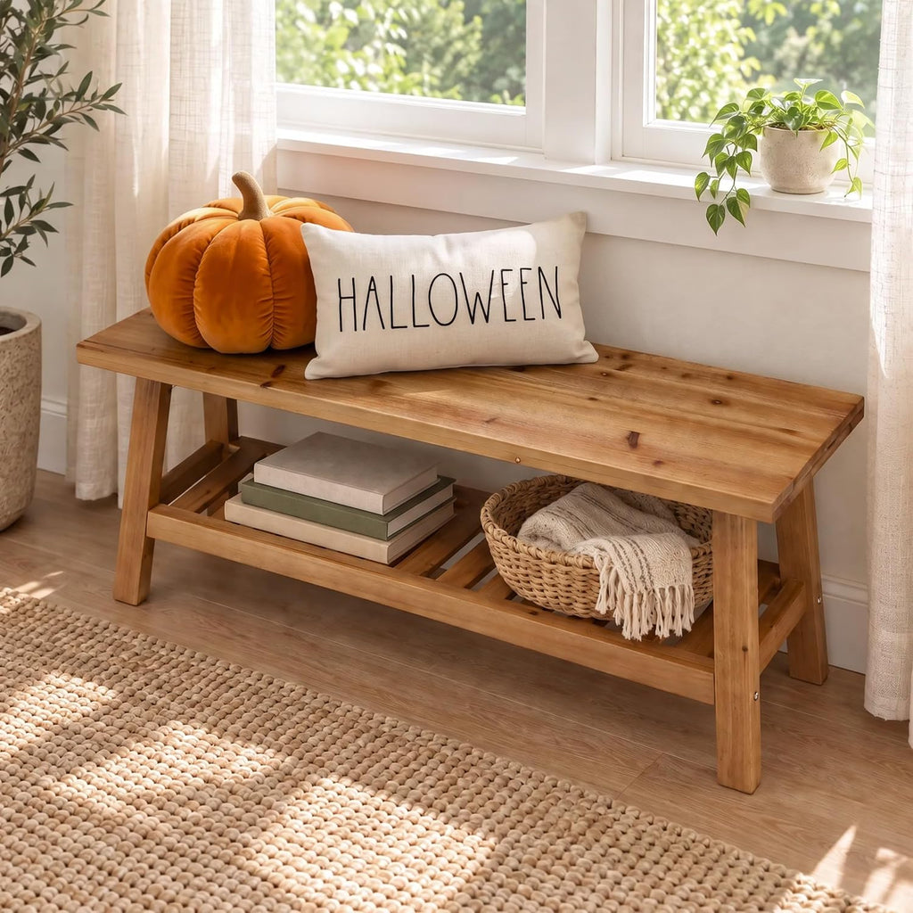 PERFNIQUE 43" Solid Wood Entryway Bench, Farmhouse Bench with Storage