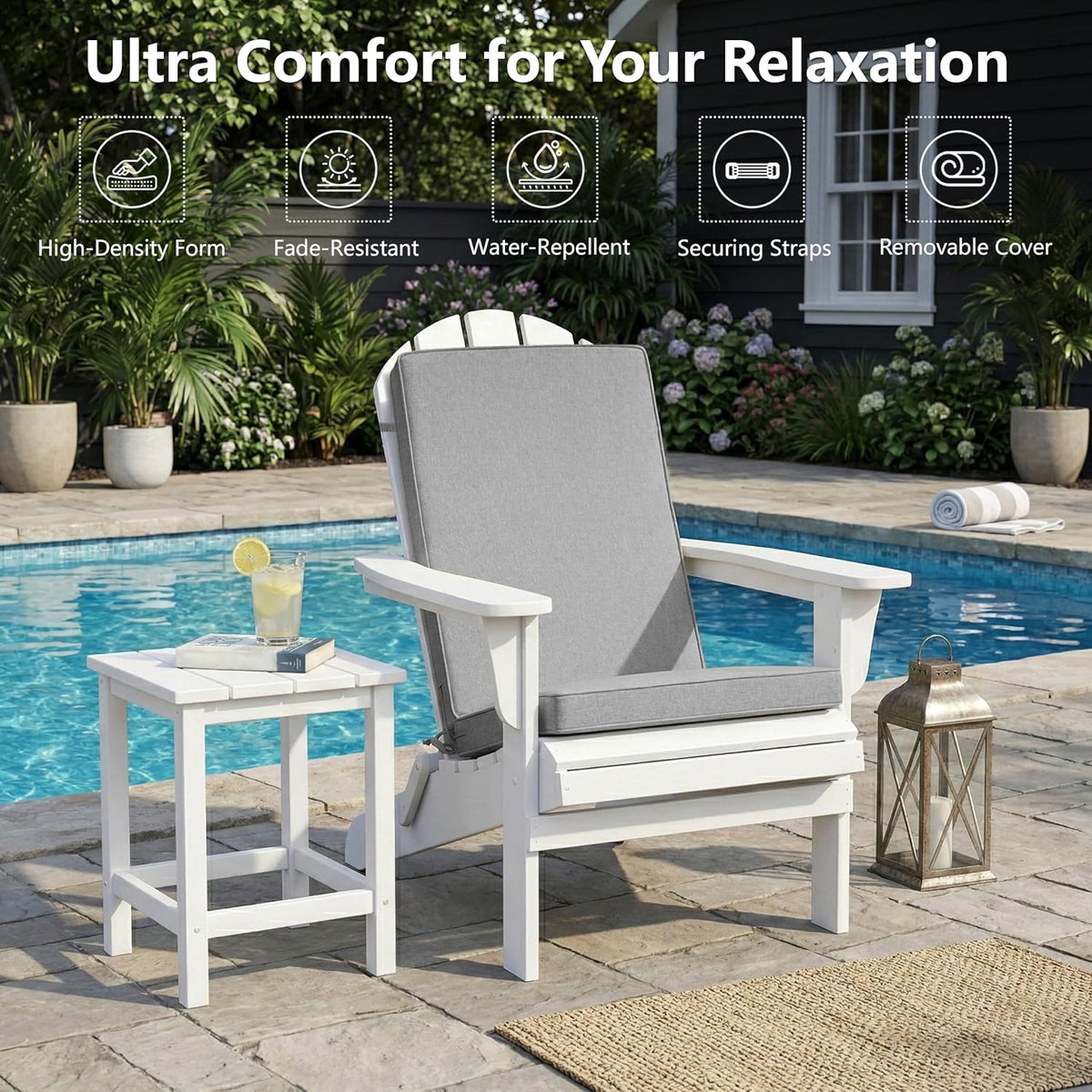 Adirondack Chair Cushion - Removable Cover, Water-Repellent & Fade-Resistant Faux Linen, Securing Straps, Non-Slip Bottom, Fit for Most Outdoor Adirondack & Rocking Chairs - Light Grey