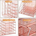 Marbrasse Desk Organizer with File Holder, 5-Tier Paper Letter Tray, Mesh Desk Accessories, Magazine Holder, Desktop Organizer and Storage for Office Supplies, Rose Gold
