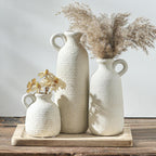 Ceramic Vase Set of 3 with Handle, Neutral Rustic Vases Home Decor Farmhouse Decorative Vase Whitewashed Pottery Decor Modern for Table Mantel Entryway Bookshelf Living Room Kitchen Bedroom - White