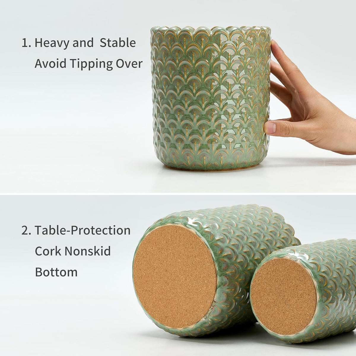 JIEMEI HOME Kitchen Utensil Holder, Large 7.5"+6.2" Petal Ceramic Utensil Crock for Countertop, Utensil Holder with Cork Mat, Morden Utensil Organizer for Spatula, Kitchen Decor, Set of 2- Green