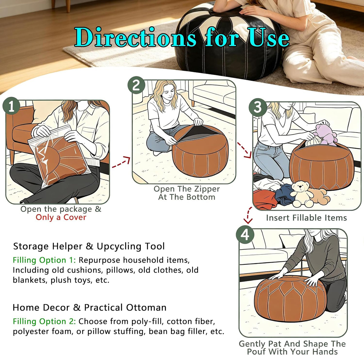 Thgonwid Unstuffed Moroccan Faux Leather Pouf Ottoman Cover with Storage - Boho Chic Multi-Use Footrest for Living Room, Bedroom, Patio - Round Ethnic Floor Cushion & Decorative Accent, Black&White