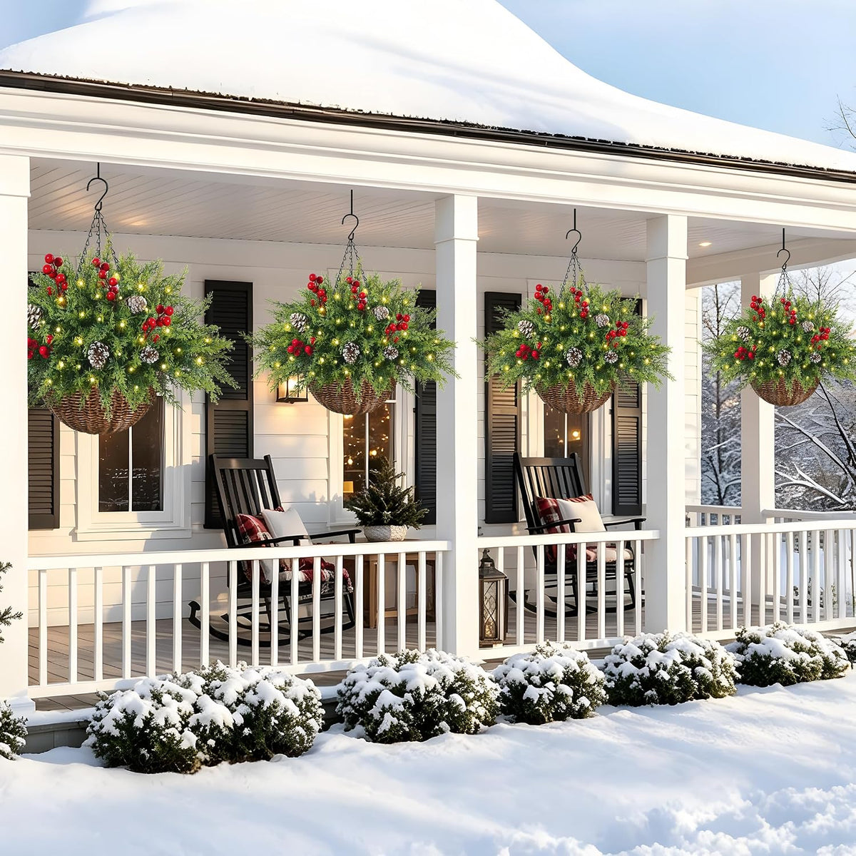 Artificial Cedar Christmas Hanging Baskets for Outdoor with Berry & PineCones, Winter Hanging Baskets with Lights, Artificial Xmas Greenery for Front Porch Patio Outside Urn Fillers Winter Decor