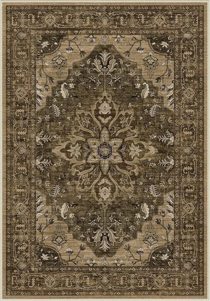 Area Rugs Round 8ft Washable Non-Slip, Floral Vintage Distress Print Pattern by RELEANY
