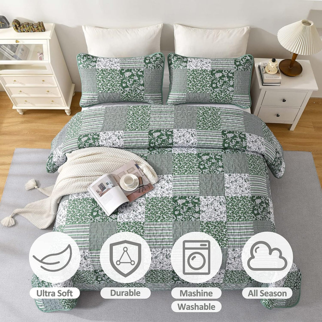 Mybedsoul Boho Quilt King Size, Patchwork Floral Bedding Set, Green