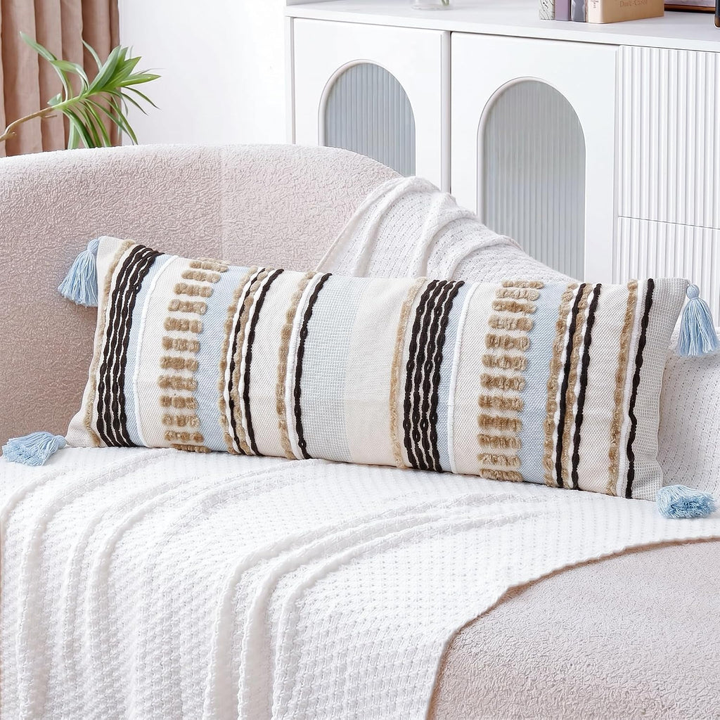 NUYECY Chenille and Cotton Long Pillow for Bed, Striped Textured Boho Lumbar Throw Pillow Cover 14x36, Neutral Accent Decorative Extra Long Body Pillow Case for Couch, Sofa, Bedroom, Khaki