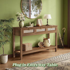 SUPERJARE Rattan Console Sofa Table with Outlets, USB-C Port and 3 Drawers