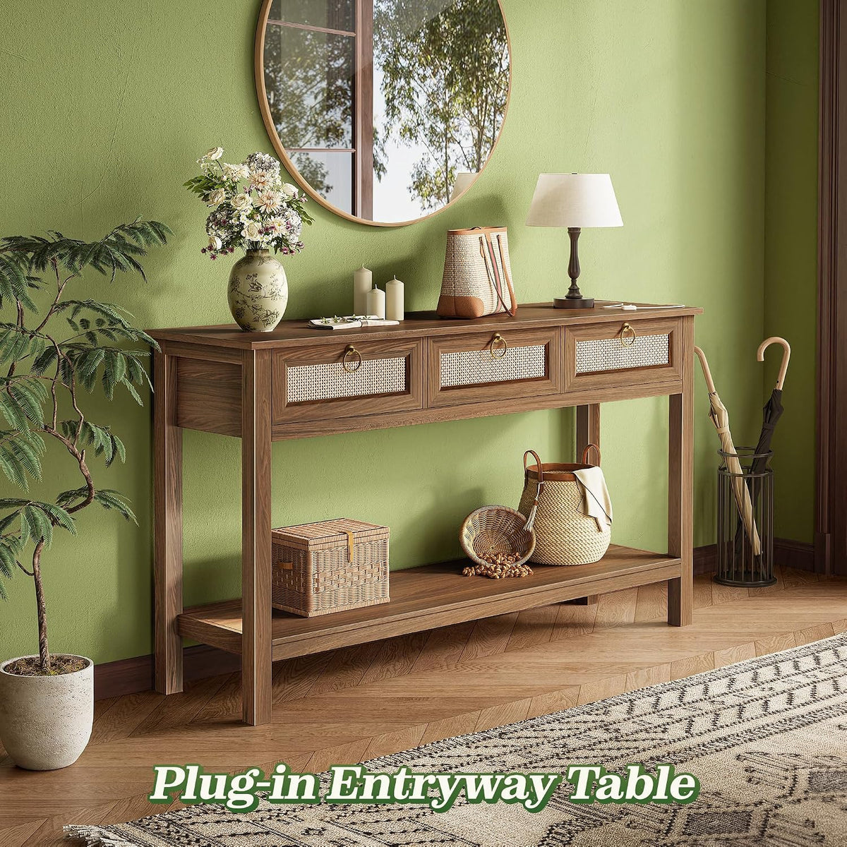 SUPERJARE Rattan Console Sofa Table with Outlets, USB-C Port and 3 Drawers