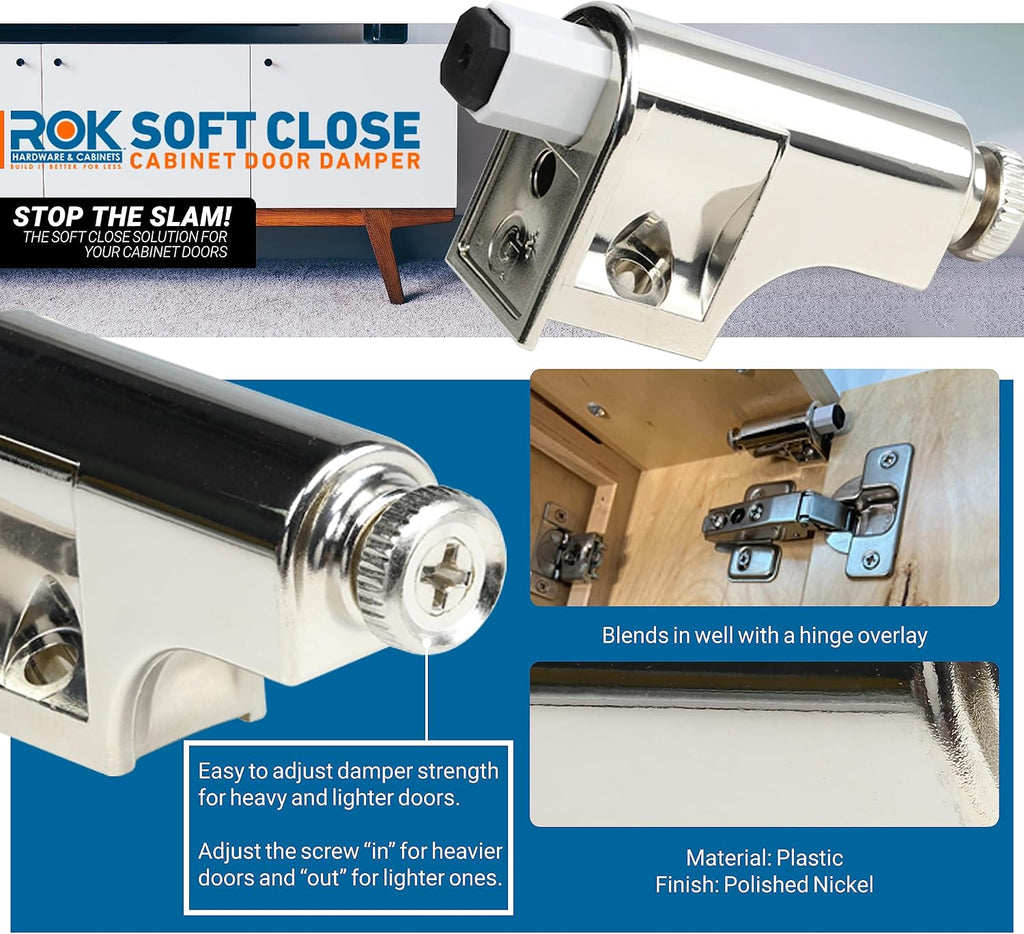 25 Pack Rok Hardware Soft Close Damper for Cabinet Doors/Compact/SoftClose Cabinet Adapter/Hardware/Hinge Polished Nickel Finish, SCD103
