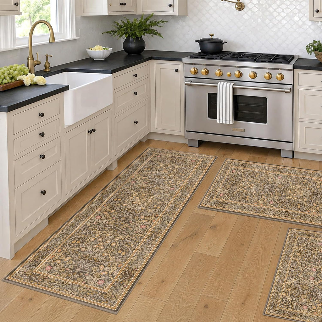 JTJ Brown Kitchen Rug Set of 3, Washable Non Slip Mats with Runner
