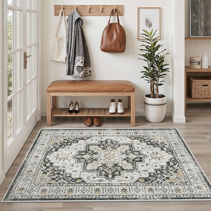 Madane Area Rug 4x6 Washable Rugs: Vintage Living Room Rug Soft Low Pile Non - Image 3