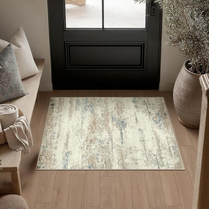 2x3 Area Rug Washable Beige Brown Abstract Modern Neutral Entryway Carpet Non by PureCozy