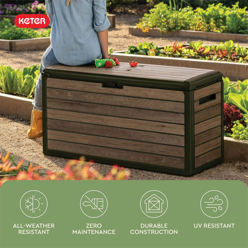 Keter Premium Everwood 71 Gal Outdoor Storage Box and Patio Side Table