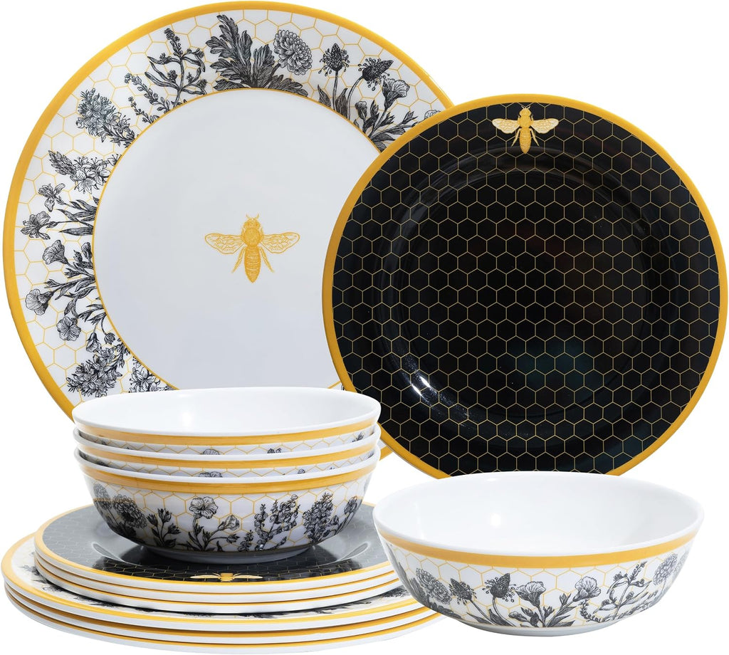 Garden Floral Melamine Dinnerware Sets-12 Pcs Plates and Bowls Set