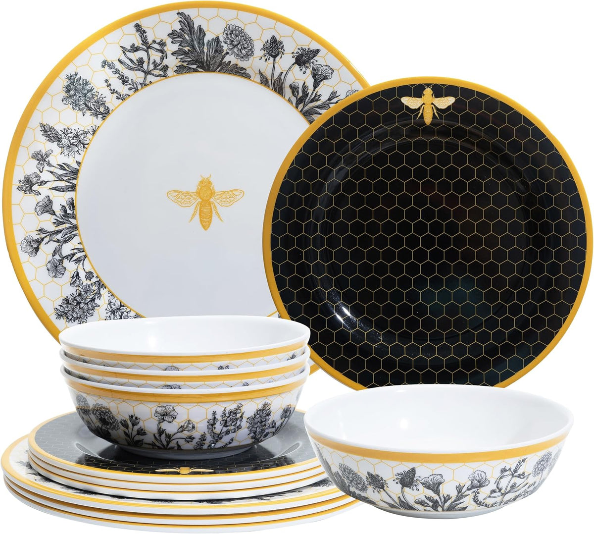 Garden Floral Melamine Dinnerware Sets-12 Pcs Plates and Bowls Set