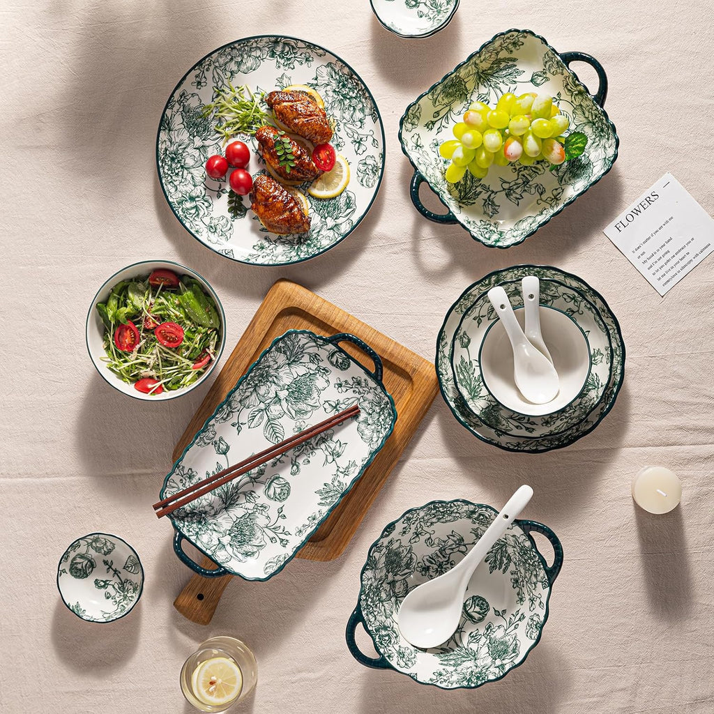 Ceramic Dinnerware Set, Series Kavara Ⅱ, (Green Rose)