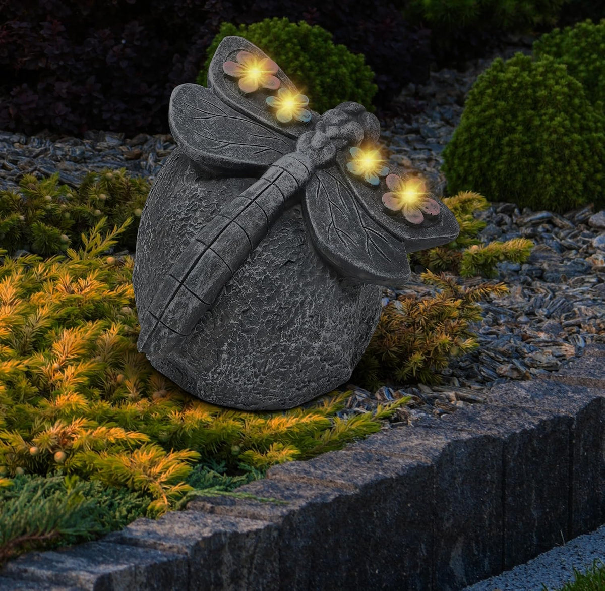 Solar Dragonfly LED Garden Statue, Lighted Dragonfly Rock Figurine