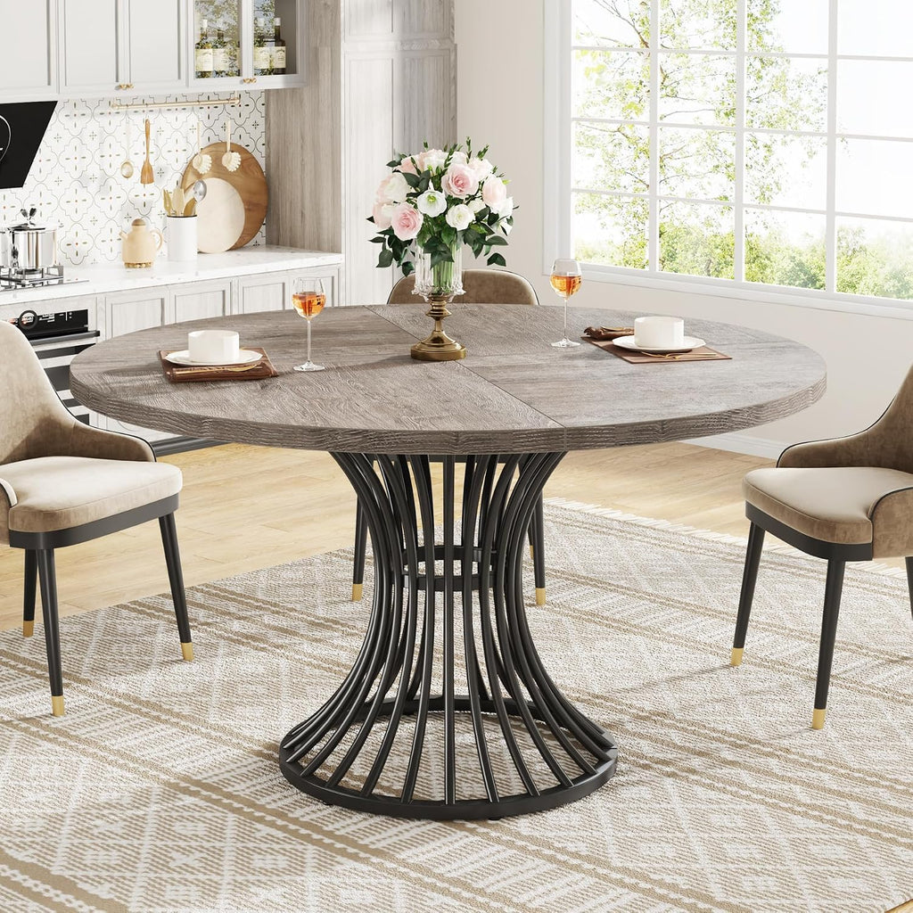Tribesigns Round Dining Table for 4-6 People, 47-Inch Farmhouse Dinning Room Circle Kitchen Table, Industrial Dinner Table with Metal Base for Kitchen, Living Room, Gray