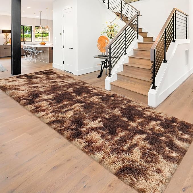 Super Soft Fluffy Living Room Area Rug 3x10 ft Tie-Dyed Brown Shaggy Furry by JiaoBaba