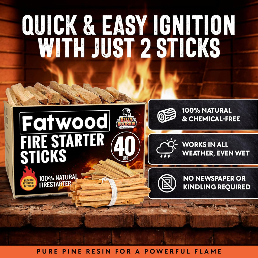 Billy Buckskin 40lb Fatwood Fire Starter Sticks, 100% Natural Firestarter