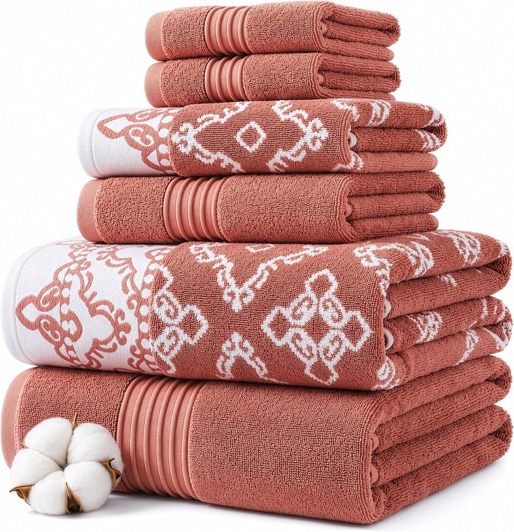 Modern Threads Charlize 6-Piece 100% Cotton Towel Set – Reversible Yarn Dyed Jacquard & Solid – Includes 2 Bath Towels, 2 Hand Towels, 2 Washcloths – Absorbent, Quick Dry, Soft & Durable – Fawn