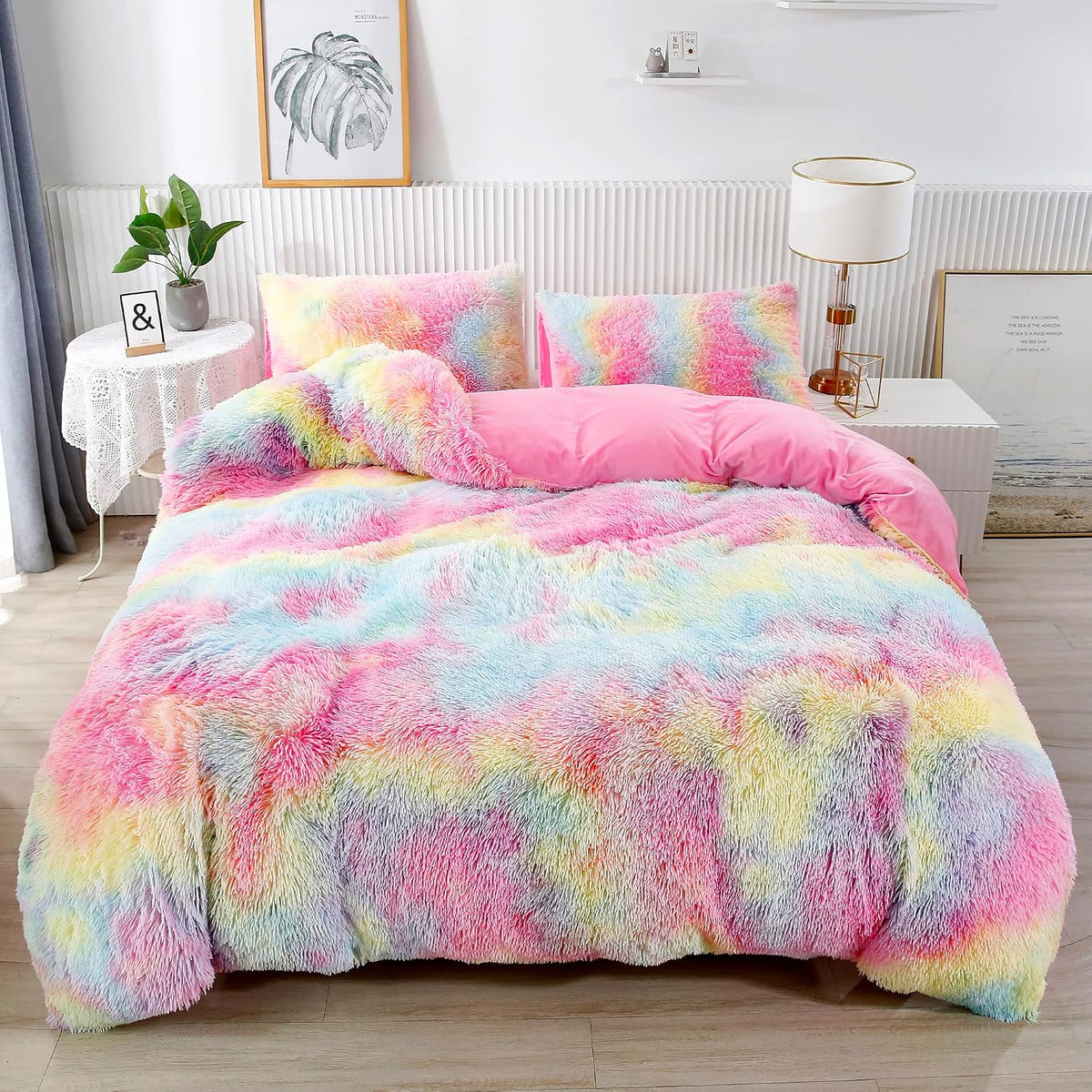 RYNGHIPY 3Pcs Rainbow Long Hair Bedding Sets Twin for Girls