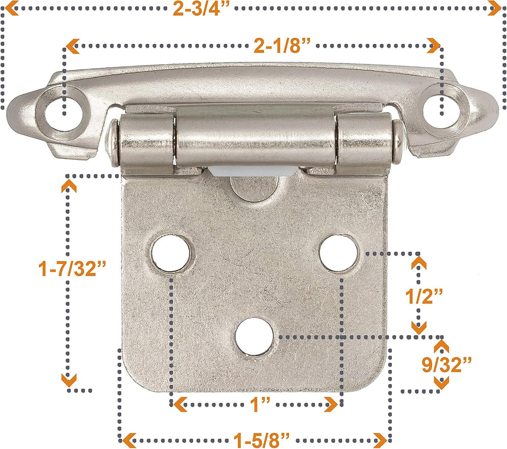 DecoBasics Cabinet Hinges Brushed Nickel for Kitchen Cabinets Doors (10 Pair -20 Pcs) -1/2" Overlay (Variable) -Self Closing Kitchen Cabinet Hinges Flush Mount w/Silicon Bumpers & Hardware Screws