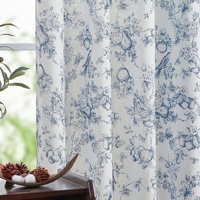 jinchan Linen Floral Curtains for Living Room 84 Inch Length Blue Printed by JINCHAN