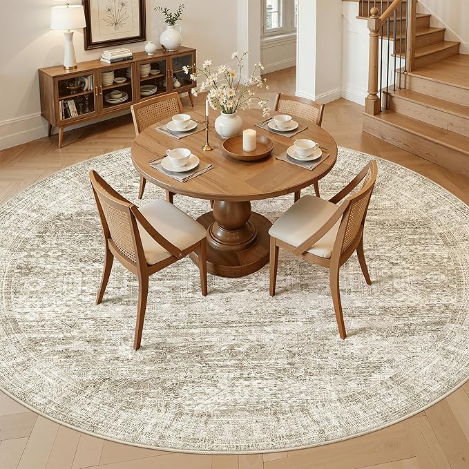 9x9 Brown Round Rug 9ft Living Room Circle Rug Vintage Round Area Rug Non Slip - Image 2