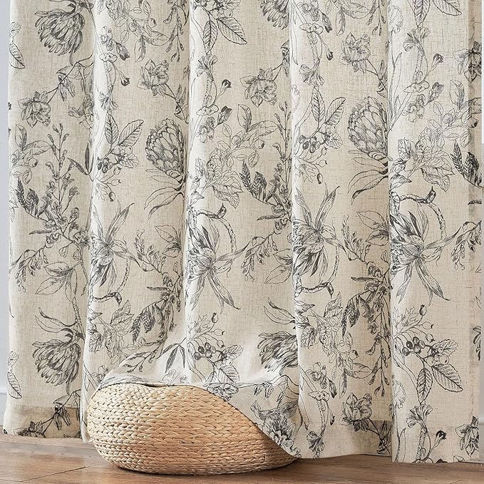 jinchan Floral Curtains 108 Inch Length Black Flower Linen Farmhouse Curtain - Image 7