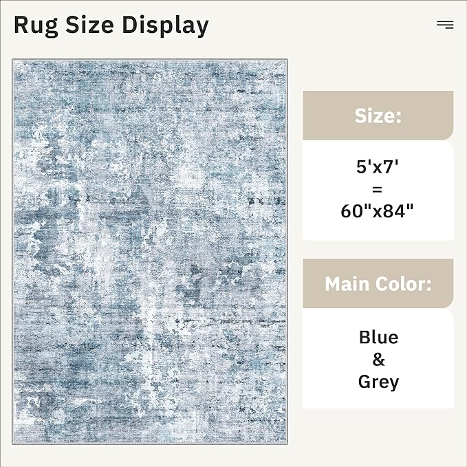 Abstract Rug 5x7 Machine Washable Area Indoor Blue Low Pile Non-Slip Foldable - Image 5