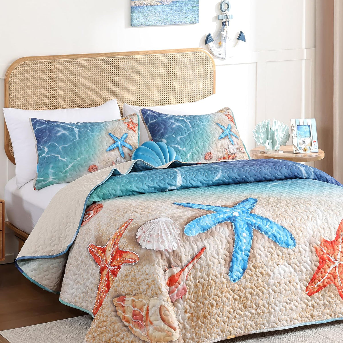 weigelia Coastal Quilt Queen Size, Beach Lightweight Summer Bedding