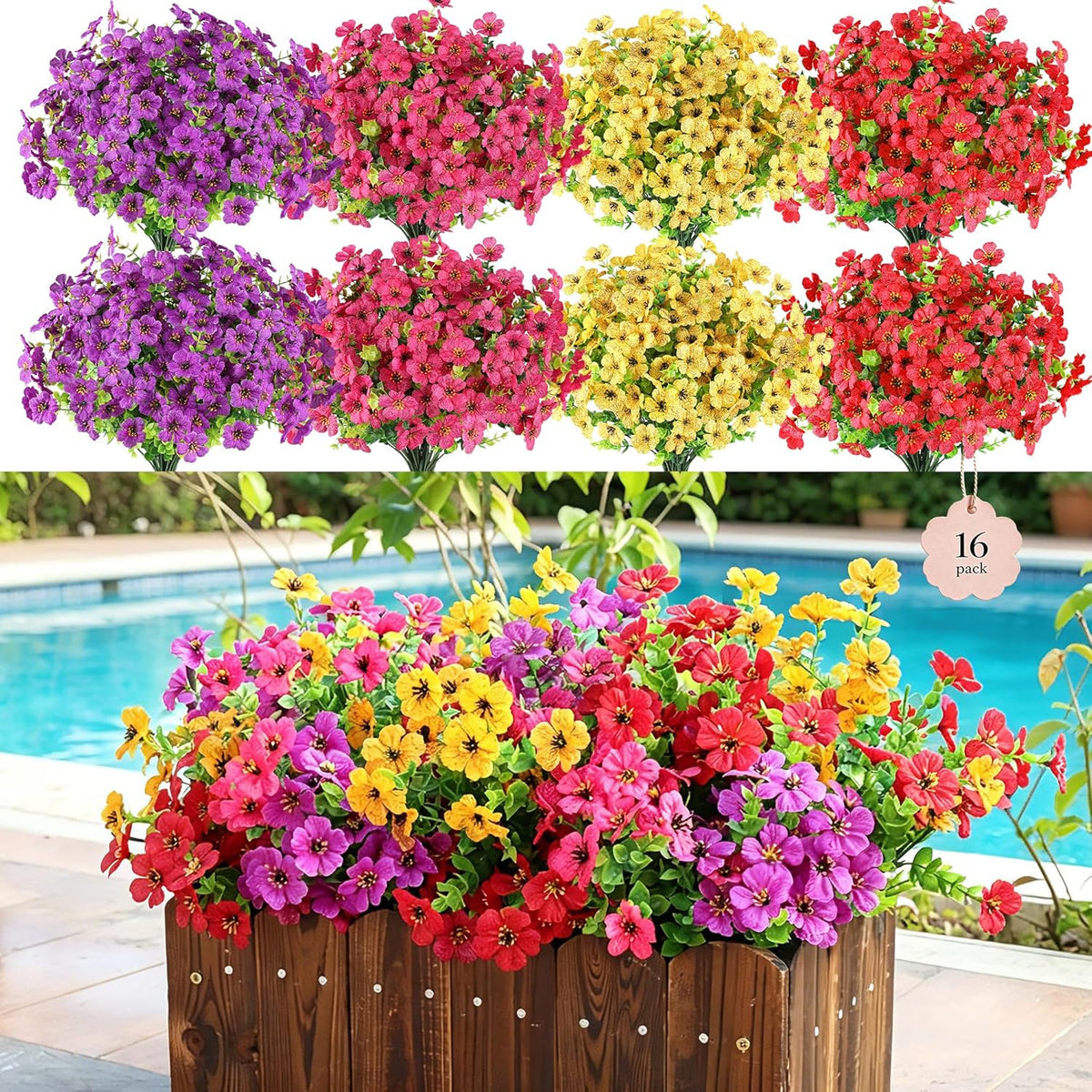Artificial Flowers for Outdoors, 16 Bundles UV Resistant Realistic Faux Silk Flowers, Fake Plants for Outside Planter Front Porch Patio Balcony Window Box Garden Yard Farmhouse