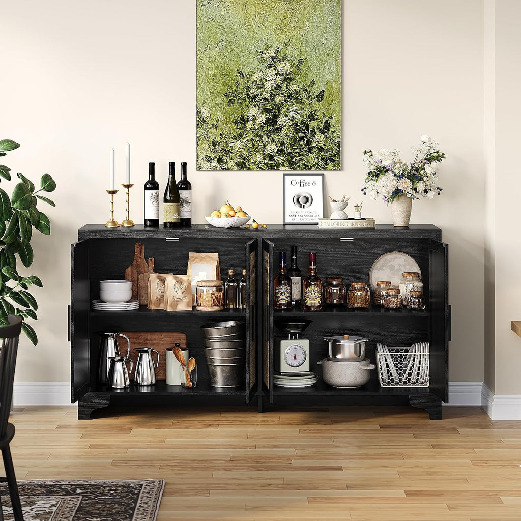 Rattan Sideboard Cabinet, 4-Door Buffet Storage for Entryway Living Room