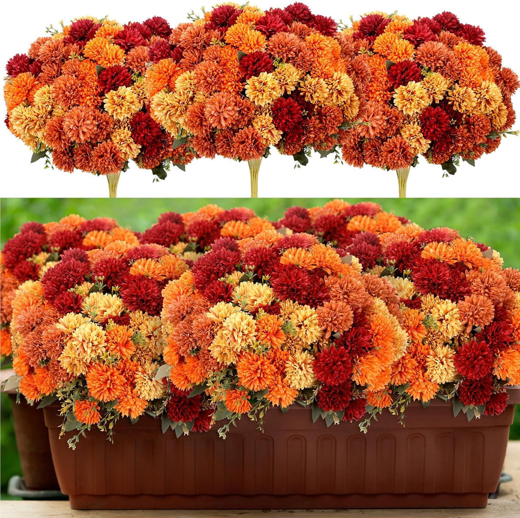 XunYee 12 Pcs Fall Artificial Flowers for Outdoor Faux Mums,Burnt Orange