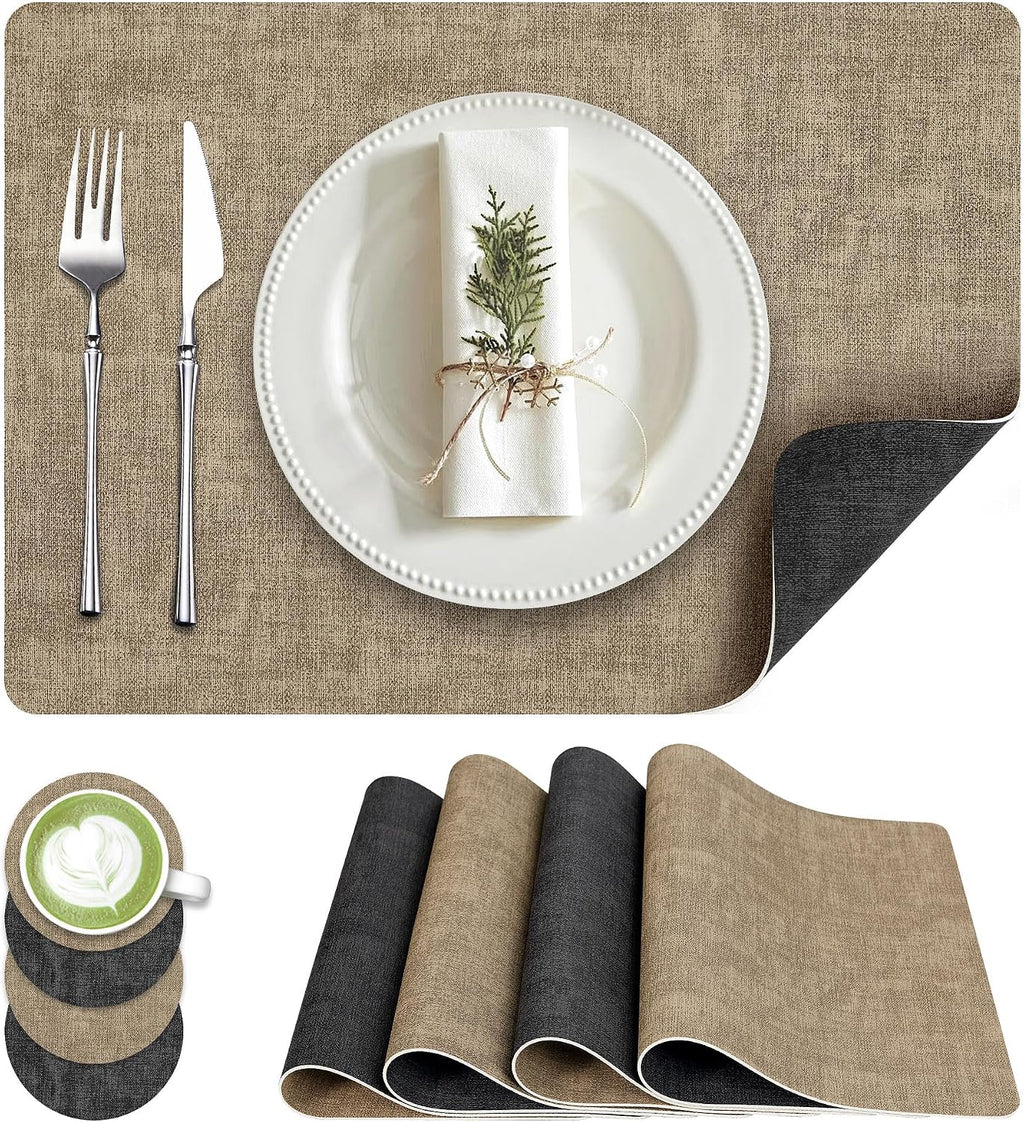 Fyvva Placemats Set of 6 Wipeable Reversible Faux Leather with Coasters